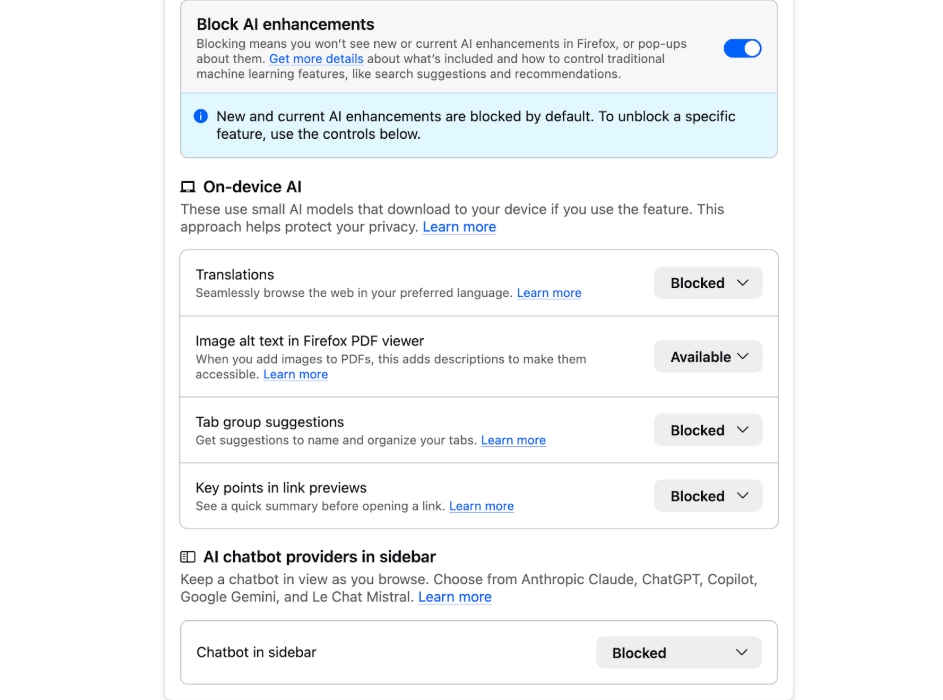 Firefox 148 Update Block All AI Features with a Single Toggle